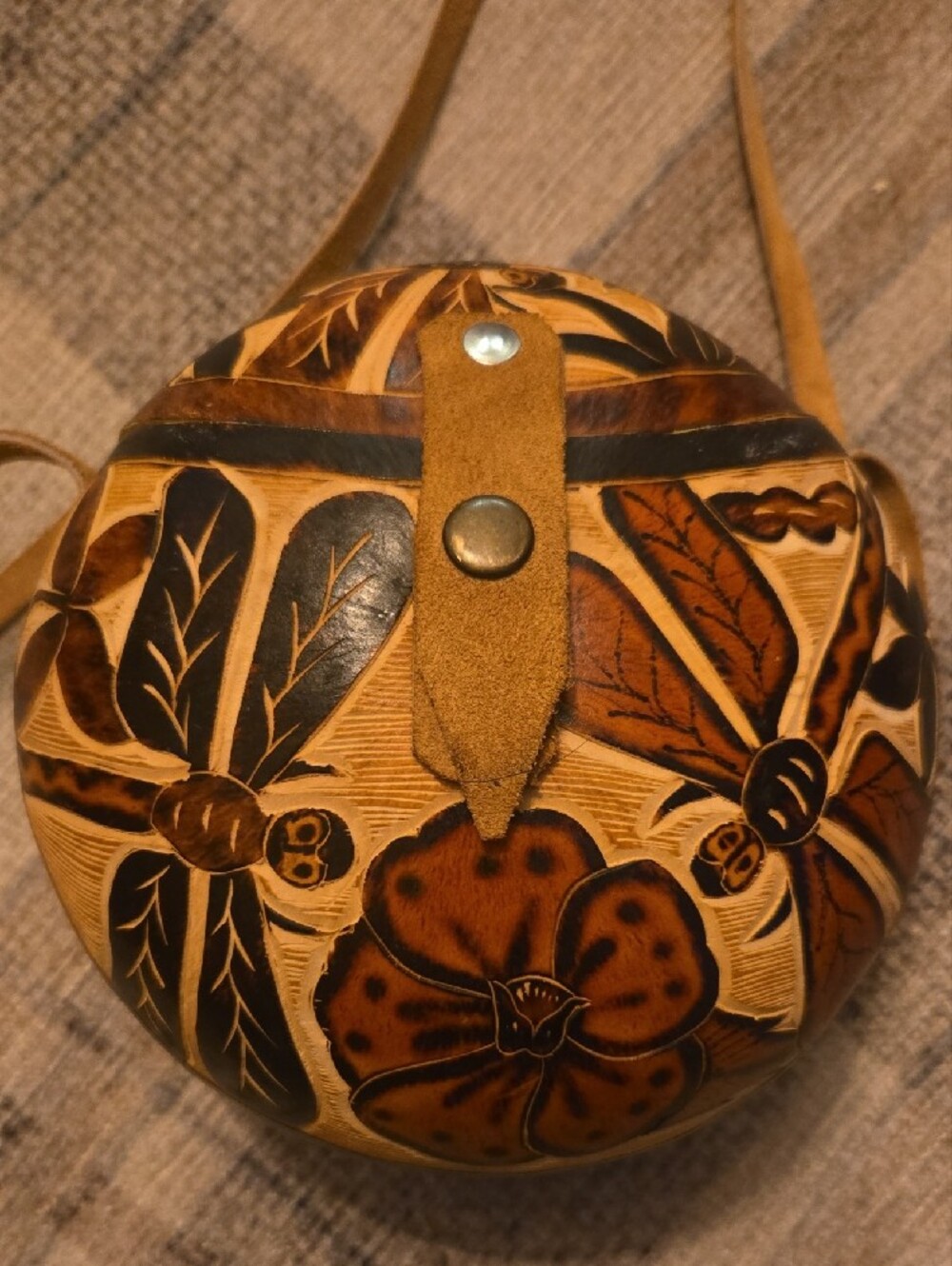 Vintage Hand Carved Gourd Crossbody Purse Boho Dragonfly Floral